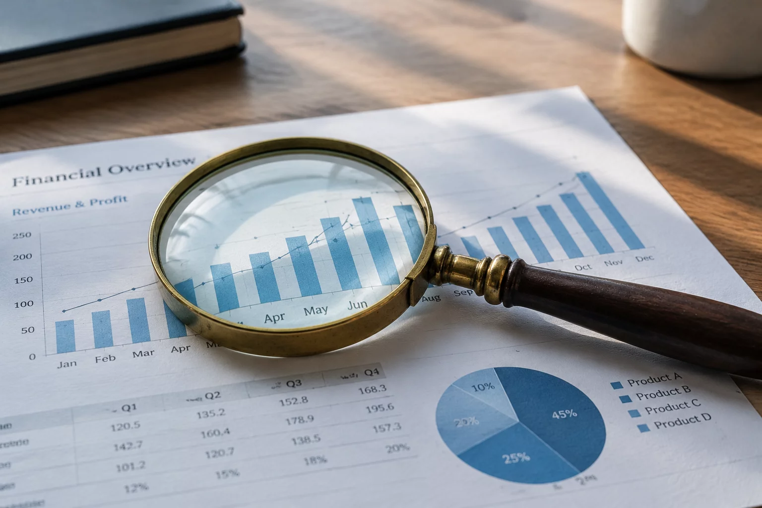 Magnifying glass inspecting chart document